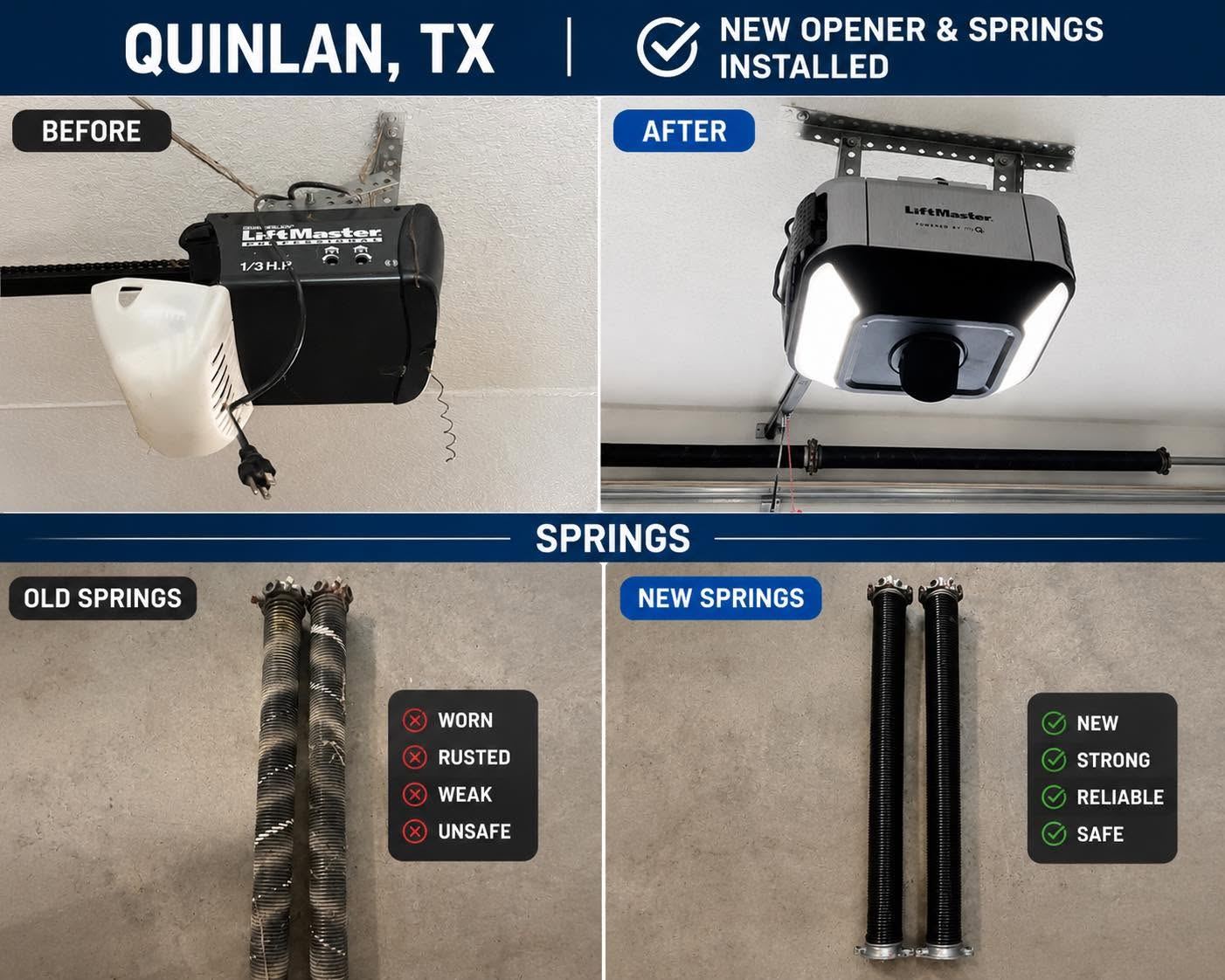 Before and after: new opener and springs installed in Quinlan, TX